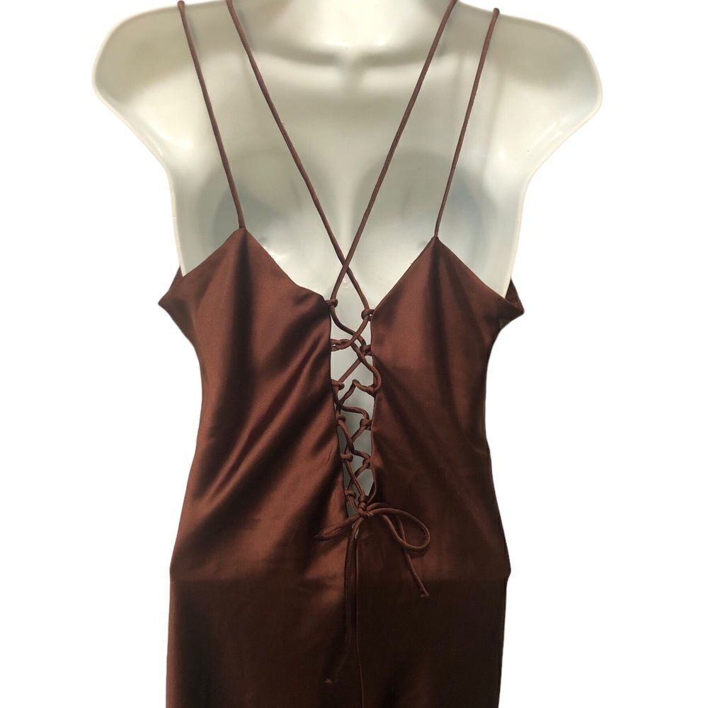 Zara Satin Strappy Midi Slip Dress Brown Sz. XL Criss Cross Back Summer Elegance - Picture 4 of 5